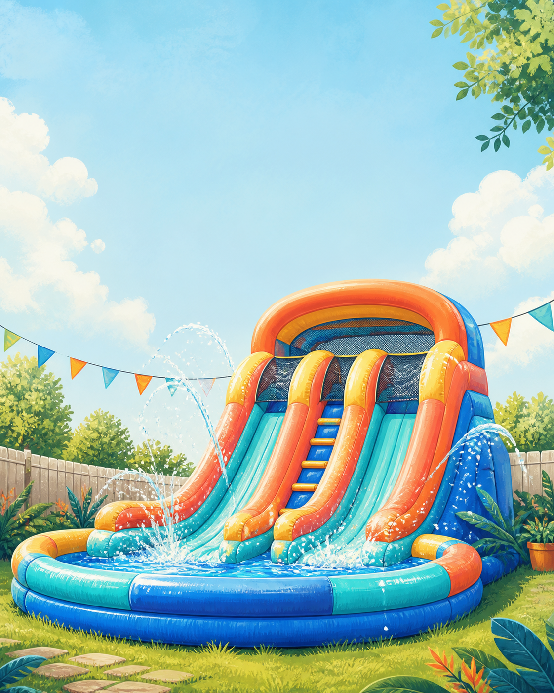 A colorful backyard water slide splashing in the sunshine